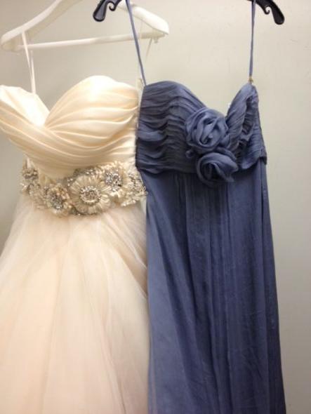 I'm down to two! Help me choose my bridesmaid dress to complement wedding gown! :  wedding lazaro 3108 bridesmaids amsale slate bill levkoff euro taupe AmsaleSlate1