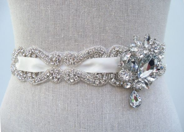 Rhinestone and Brooch Bridal Sash - Very Blingy!! :  wedding bridal sash bridal belt wedding sash rhinetone belt designer sash wedding dress sash black white ivory silver jewelry Emilie 5