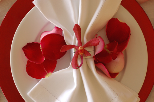 Red Orchid Centerpiece :  wedding orange reception red WEDDING PLATE SET UP