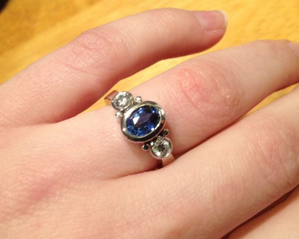Just engaged! First shot of my sapphire e-ring :  wedding ring engagement ring sapphire blue diamonds oval bezel white gold Caybaybay Sapphire Ering
