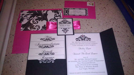 Custom Invitations in Las Vegas :  wedding las vegas invitations custom local pocketfold bling lace rhinestones destination Damask Invite