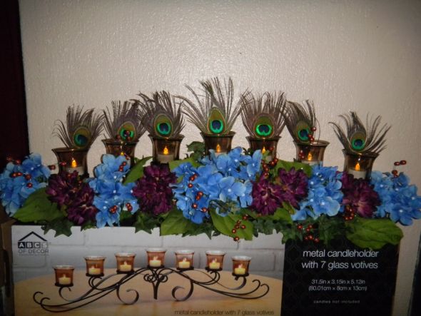 Peacock 7 votive candle holder centerpiece wedding peacock centerpiece 