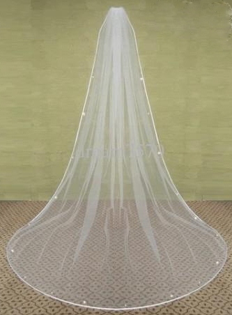 1T Cathedral Length Bridal Veil with Finished Edges and Bead Trim 118 