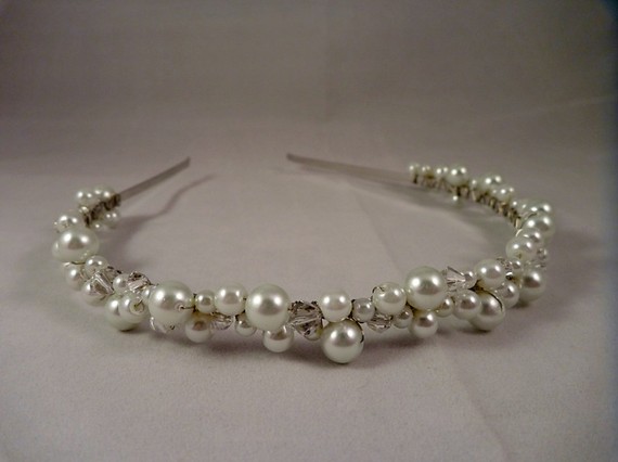 Handmade, Never Worn, Swarovski Crystal & Faux Pearl Headband : wedding headband ceremony pearl handmade crystal white silver jewelry Wedding Headband1