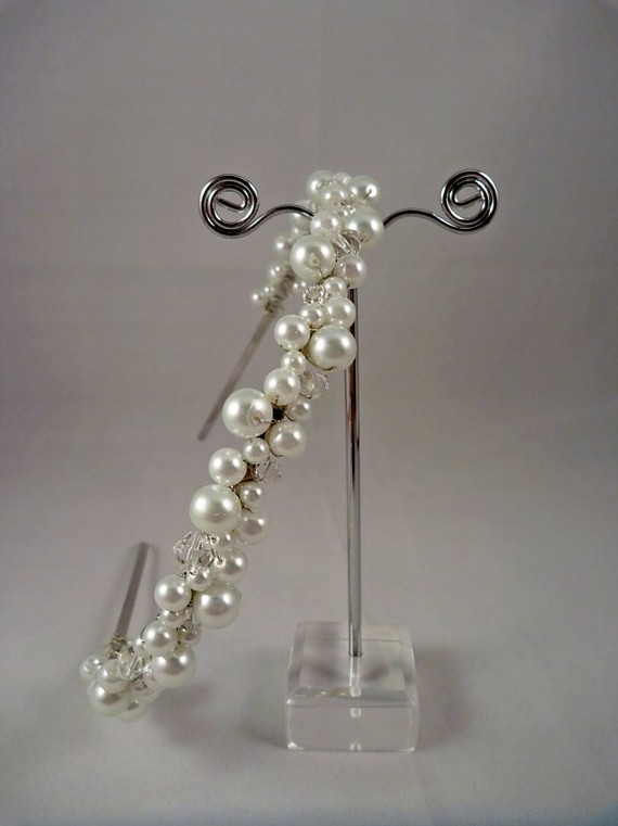 Handmade, Never Worn, Swarovski Crystal & Faux Pearl Headband : wedding headband ceremony pearl handmade crystal white silver jewelry Wedding Headband2