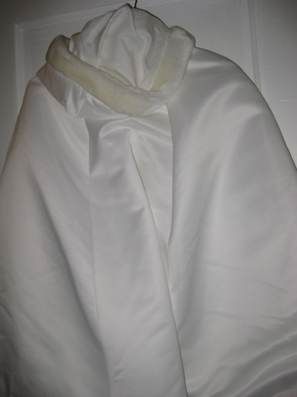 David's Bridal cape and hood : wedding cover ups cape hood fur lined winter wedding ivory dress IMG 4196
