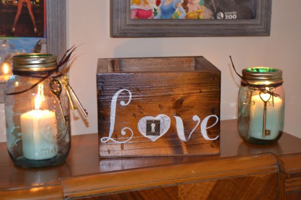 Wooden Box Blue Mason Jar DIY wedding teal reception Masonjar