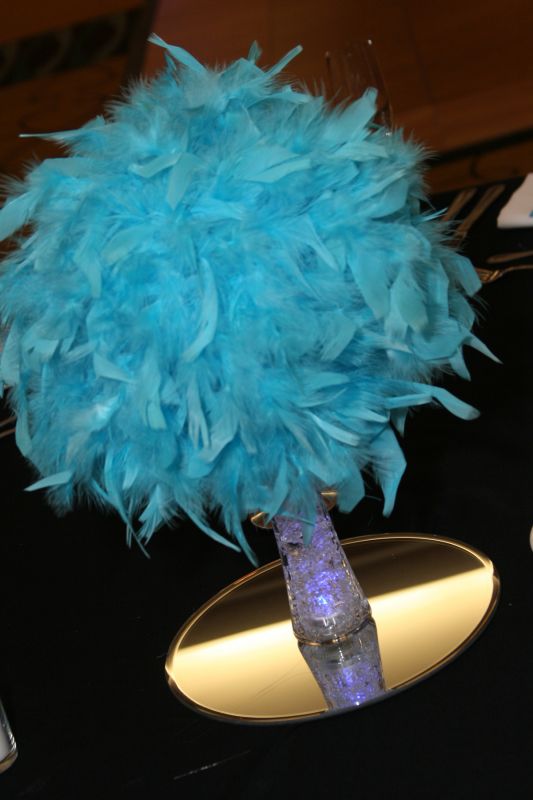 12 hand made pomander feather centerpieces 6 white and 6 malibu blue 