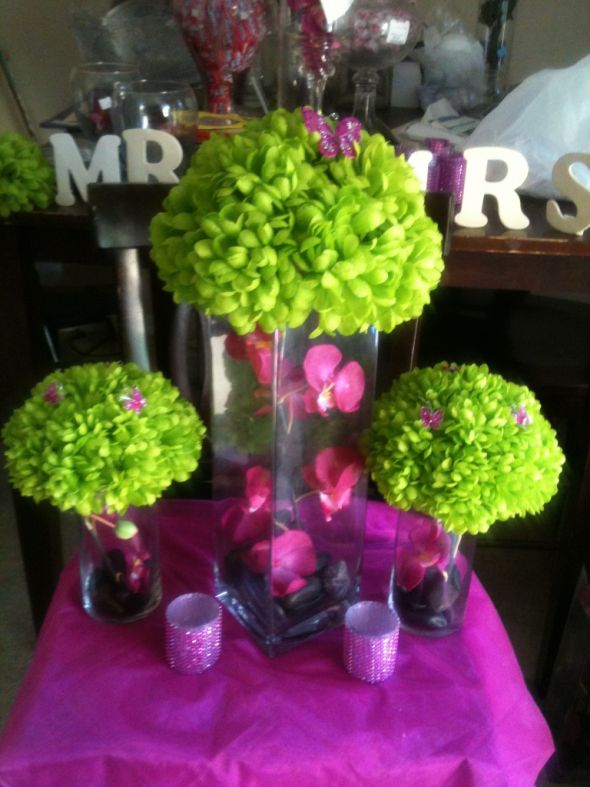 DIY Center pieces wedding black green pink ceremony flowers diy reception