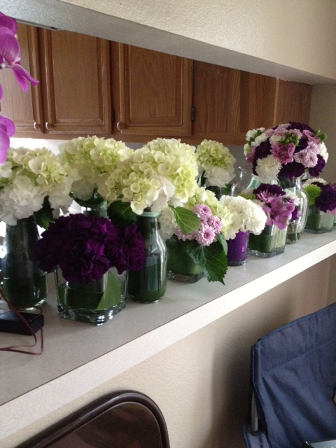 White, Purple, and Green Low Centerpieces :  wedding flowers green purple reception white Florigene.1