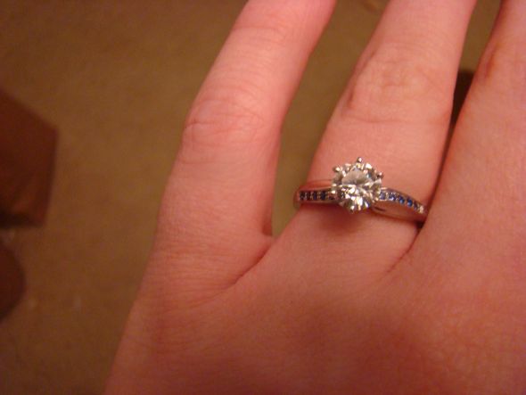 My moissanite and sapphire ring! :  wedding unenhanced moissanite sapphire custom side stones palladium DSC05576