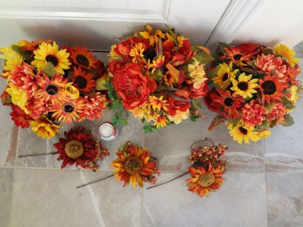 Three Floral Centerpieces fall sunflower colors wedding basket 