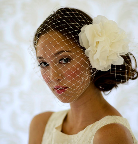 Bird Cage Veil with large flower fascinator :  wedding veil fascinator jewelry Veil