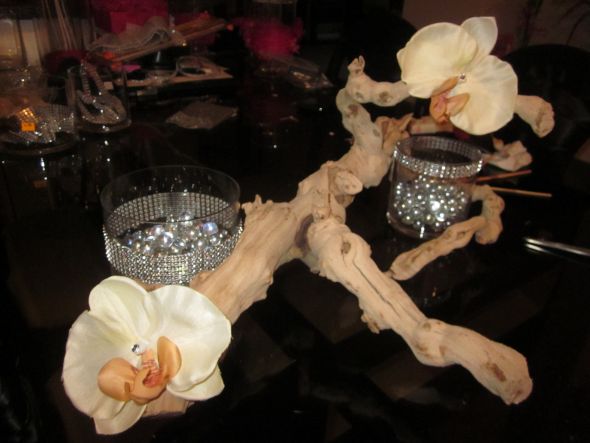 Grapewood and Orchid bling centerpiece wedding pink white ivory silver diy