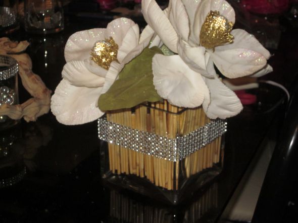 Bamboo bling centerpiece wedding pink white ivory silver flowers diy 