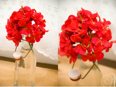 Show Off Your Bouquet Inspiration! :  wedding Red Geranium Flower Puff In Milk Bottle Vase