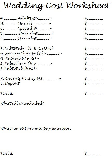 Wedding cost worksheet