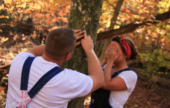 Vintage/Overalls Engagement Session :  wedding bandana country creek engagement fall guitar overalls pictures ring tree vintage IMG 4655 L