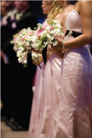 Pink and Black Bridesmaid Dresses wedding pink black Maids Standing 