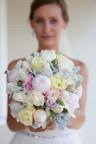 my bouquet :  wedding bouquet dusty miller green ivory pastel pink roses vintage white yellow Color 368