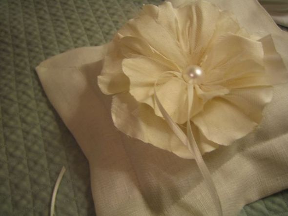 Handmade Ivory Linen Ring Bearer's Pillow :  wedding pillow ring bearer ivory fabric flower silk linen tulle ring IMG 1250