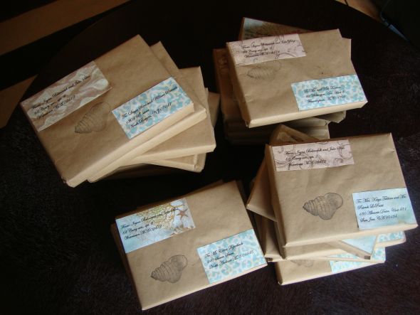 Beach wedding invitations in the box finally complete! Ready to mail! Pic Heavy