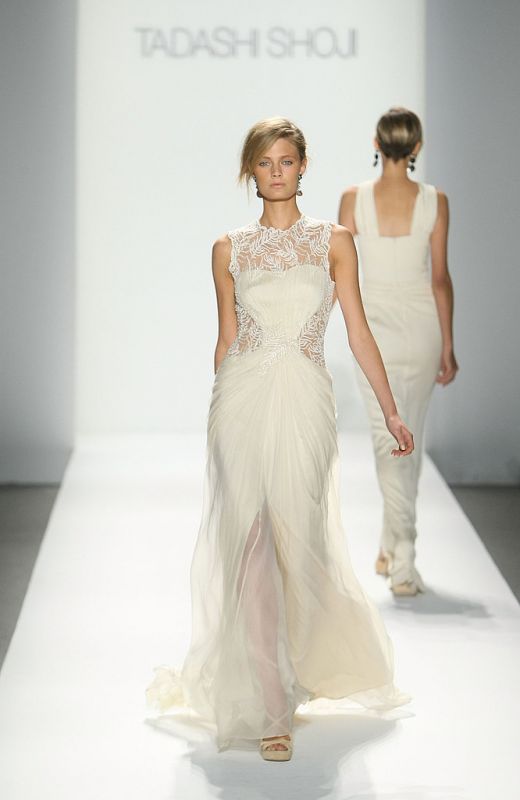 Vintage - Runway - Lace and Chiffon - Illusion neck and back Tadashi Shoji dress :  wedding ceremony dress inspiration ivory reception Photo 3