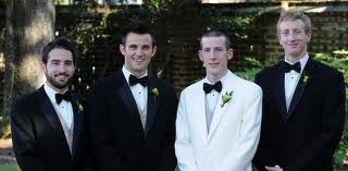 Groom in dinner jacket with men in tuxes? :  wedding men tuxes groom groomsmen dinner jacket Dinner Jacket