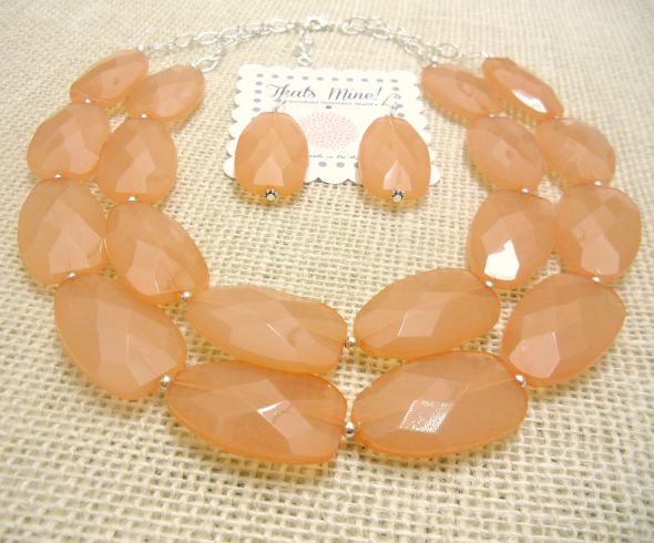 Bridesmaid jewelry necklace and earrings set in Mint green and Peach, Coral
