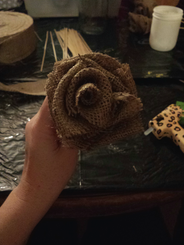 Burlap flowers on wooden sticks