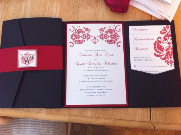 Our Pocketfolds!!! :  wedding inv damask invites invitation black red pocketfold cardspockets Photo2