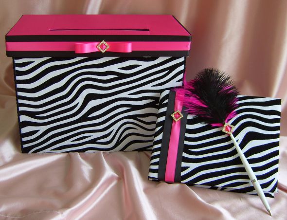  Zebra print and fuchsia card box guest book and pen wedding black 