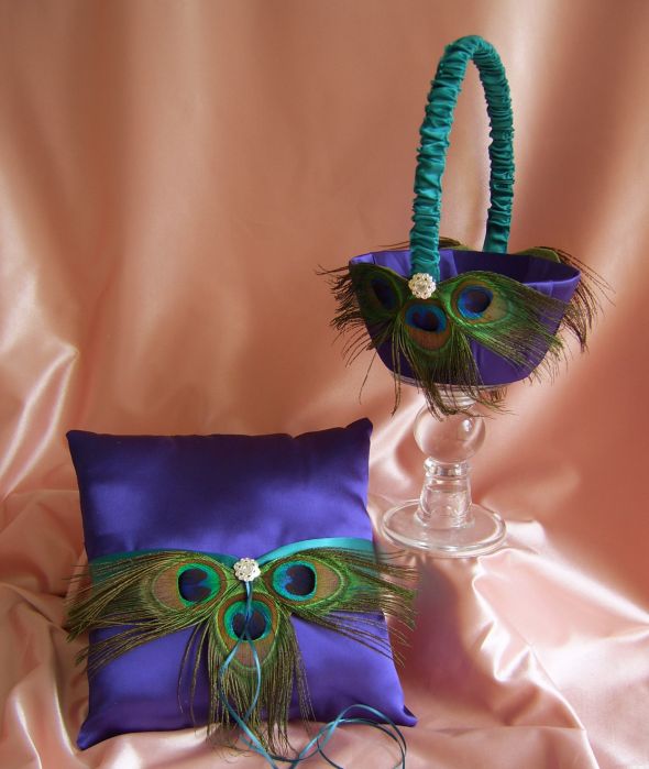 peacock feather wedding ring pillow and flower gir 