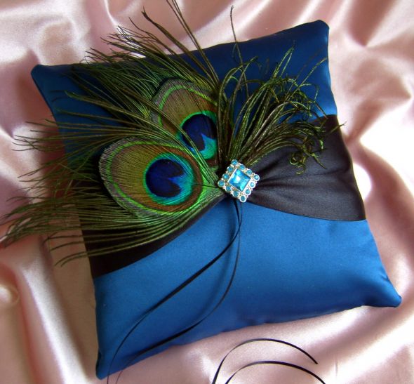  Peacock Feather Wedding Accessories Teal and Black Ring Bearer Pillow 