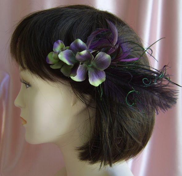 Bridal Fascinator Green Hydrangeas and Deep Purple Feathers