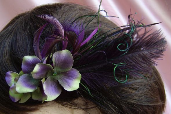 Bridal Fascinator Green Hydrangeas and Deep Purple Feathers