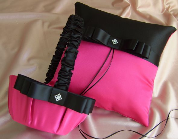 Black and Fuchsia Hot Pink Wedding Flower Girl Basket and Ring Bearer Pillow 