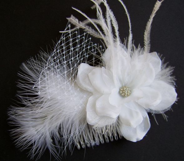 Veil Fascinator Hair Comb White Feathers White Gardenia and French Netting : wedding weddings accessories hair bridal fascinator white feather white flower gardenia wedding accessory ac white SV106647