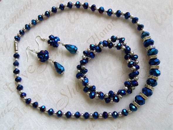 Peacock Blue Crystal Necklace, Earrings and Bracelet Set, Bridal Set :  wedding peacock blue bridal jewelry set blue navy jewelry SV107271