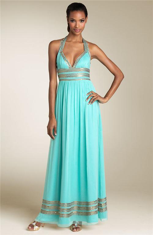 Adrianna Papell Chiffon Long Gown Turquoise with gold embellishment Grecian