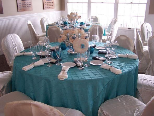wedding tablecloths decor table white ivory teal turquoise reception 