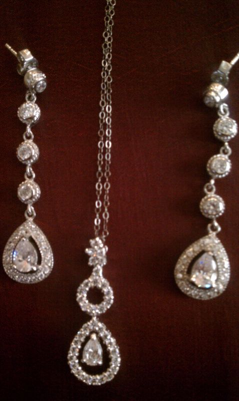 MATCH JEWELRY-CZ PEAR NECKLACE, DROP EARRINGS AND BRACELET-FREE SHIPPING! :  wedding jewelry necklace bracelet earrings cubic zirconia set silver Jewelry2