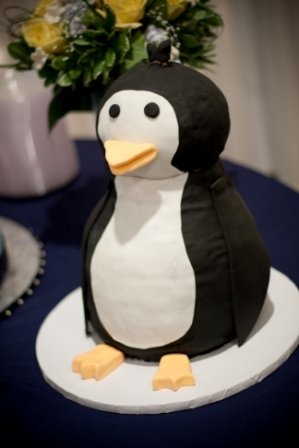 The cake decorator makes her own cake wedding blue cake penguin Wedbee7