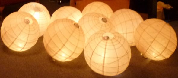 2dBride's paper lanterns with Westinghouse Stick N Click Lightbulbs