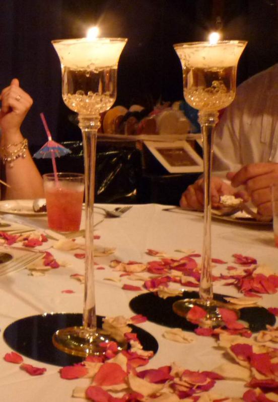 DIY gold pedestal votive holders with acrylic diamonds and floating candles