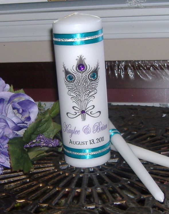 Peacock Feather Bouquet Design Unity Candle Set personalized 2499 