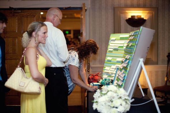  wedding escort cards ribbon boards teal blue green reception 142 Escort