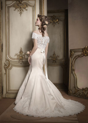 Silk duchess satin fit and flare bridal gown Empire alencon lace bodice