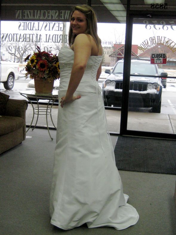Just had my first fitting! Wanna see? :  wedding fitting dress seamstress hair birdcage veil IMG 7153