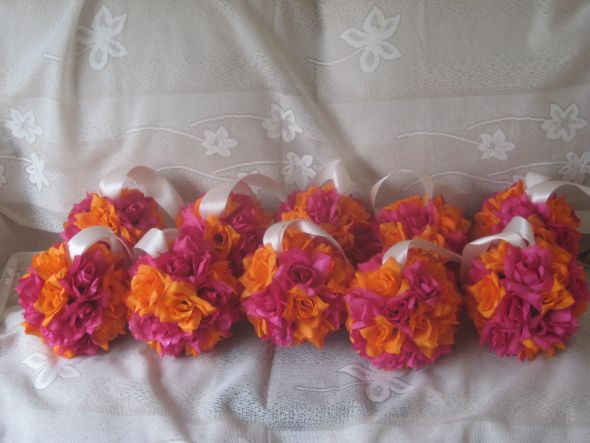 Hot Pink Fuchsia and Orange decor wedding pomanders kissing balls flower 